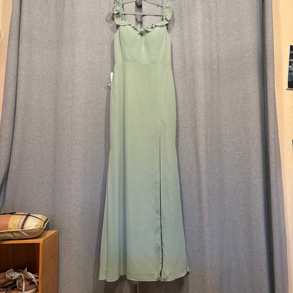 Azazie Sage Green Sweetheart Ruffle Strap Formal Maxi Dress A2